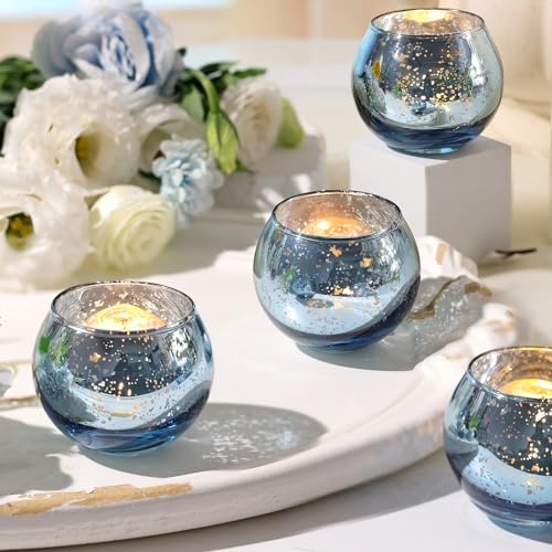 Volens Round Blue Votive Candle Holder Set of 12, Mercury Glass Votives by VolensLightUpYourLife