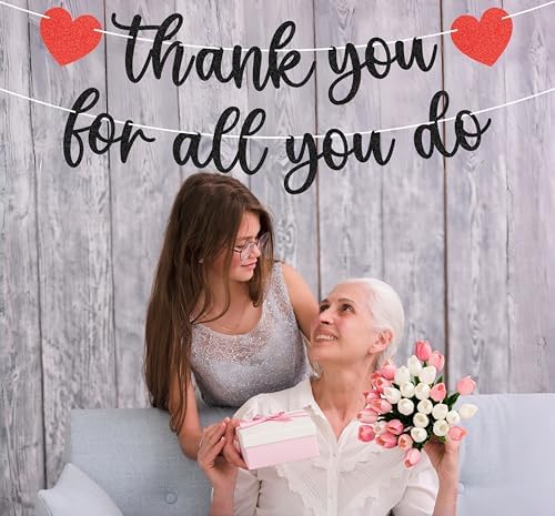 Pre-strung Thank You for All You Do Banner - Black Glitter Appreciation Party Decorations Supplies for Family elders Employee Coworker Staff Teacher, Photo Booth Prop - Image 5
