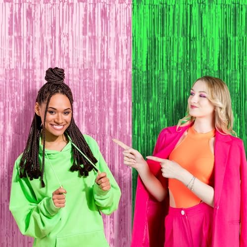 4 Pack 3.3Ft x 6.6Ft Pink and Green Foil Fringe Curtain Backdrop Decorations, Witch Metallic Tinsel Foil Streamers Curtain Photo Booth Background for Witch Wedding Birthday Party Decorations - Image 2