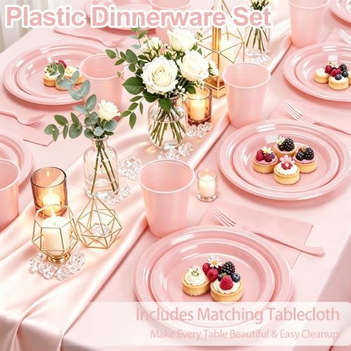Pink Plastic Plates and Napkins Party Set 30 Guests for Wedding Birthday - Image 2