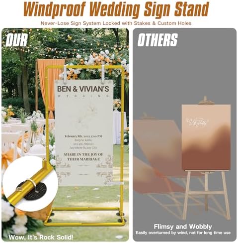 Wedding Sign Holder Adjustable Welcome to Our Wedding Sign Stand 68”x31”x 20”Heavy Duty Metal Easel for Signs,Include 6 Sign Hanging Straps &Storage Bag& for Signs& Seating Charts & Event Decor(Gold) - Image 3