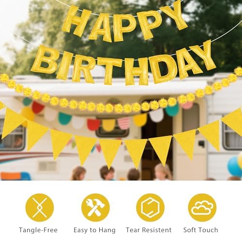 CANREVEL 3 PCS Pre-Strung 3D Happy Birthday Banner Decorations, Gold - Image 4