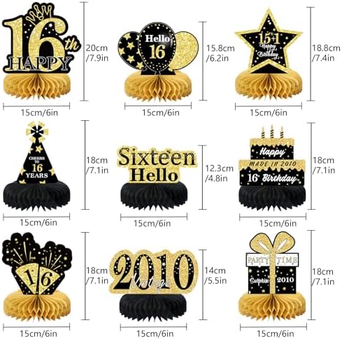 9Pcs Black Gold 16th Birthday Decorations Honeycomb Centerpieces for Boys Girls,Happy 16th Birthday Centerpieces Tables Toppers Party Decorations Supplies 16th Table Sign Decor - Image 2