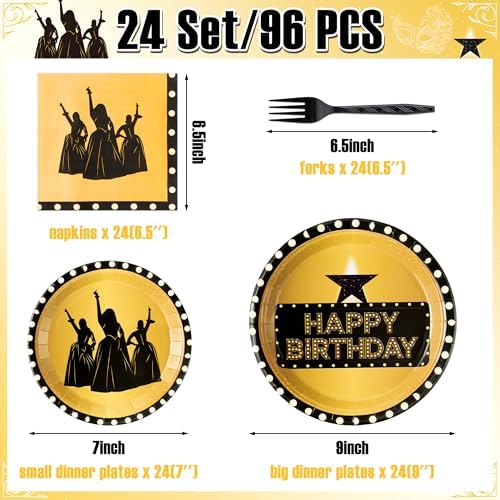GaofanWai Famous Musical Star Tableware - 96PCS Black & Gold American Musical Theater Party Paper Plate Set for Adult Fans, Inspired Happy Birthday Party Decoration Dinnerware Napkin Fork, 24 Guests - Image 2