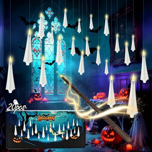 kakoya Ghost Flameless Floating Candles with Wand Remote, 20 Pcs Magic Flickering Battery Operated LED Hanging Taper Candles for Halloween Party Decoration(White) by FLAMELESSCANDLES