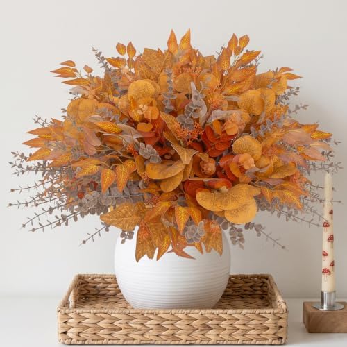 lovemoon 130 Pcs Fall Mixed Greenery Artificial Eucalyptus Stems, Orange - Image 6
