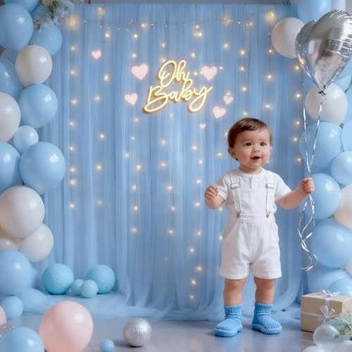 10x8ft Baby Blue Tulle Backdrop Curtain with Lights String for Parites, Sheer Photo Backdrop Curtains for Wedding Baby Shower Baby Boy Shower Birthday Party Photo Shoot Background Decorations - Image 3
