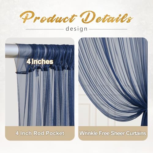 10x10ft Navy Blue Tulle Backdrop Curtain with Lights String for Parites, Sheer Photo Backdrop Curtains with Lights for Wedding Backdrop Ceremony Reception Bridal Shower Baby Shower Birthday Party - Image 2