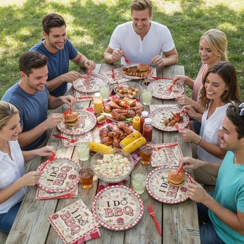 BBQ Party Tableware Decorations - 96 Pcs I Do BBQ Plates Napkins Forks Decorations, Red Gingham Dinnerware Set for Summer Bachelorette Wedding Bridal Party Serve 24 - Image 6