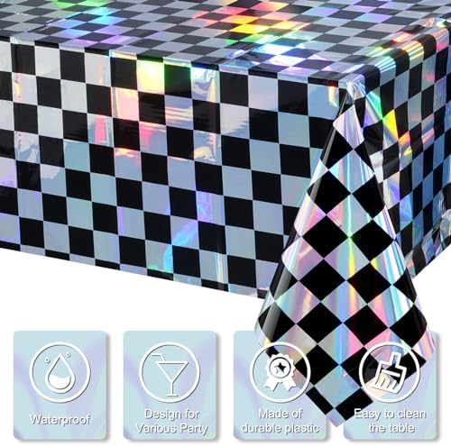 3Pack Black and Iridescent Checkered Plastic Tablecloth, Shiny Disposable Laser Rectangle Table Covers, Holographic Foil Tablecloth Iridescent Party Decorations for Picnic Camping Race Car, 54x108Inch - Image 3