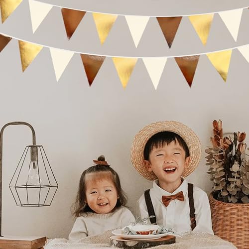 Brown Beige and Gold Party Decorations Fabric Triangle Pennant Banner Flag Bunting Garland for Boho Neutral Rustic Cowboy Western Teddy Bear Birthday Baby Shower Graduation Engagement Party Supplies - Image 5