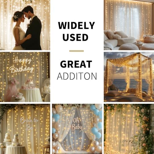 Ivory Tulle Backdrop Curtain with Lights for Decor, 10x10FT - Image 2
