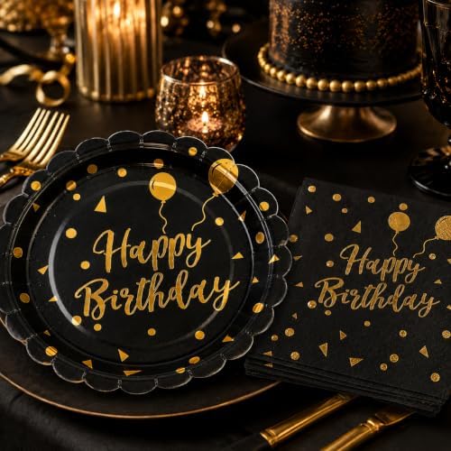 50PCS Happy Birthday Paper Plates and Napkins - 7 Inch Birthday Cake Plates Scalloped Black and Gold Dessert Plates and 6.5 Inch Napkins Disposable Tableware Set, Serves 25 - Image 2
