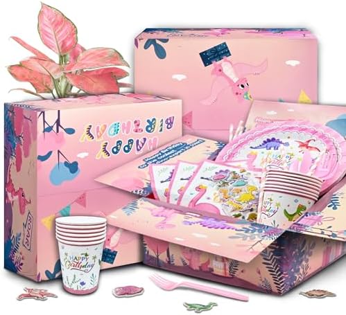 150 pcs Dinosaur Birthday Party Supplies For Girls (Serves 12), Pink Dinosaur Party Decorations, 50 pcs Latex Balloons, 12 sets Tableware, Plates, Tablecloth, Installation Tools - Image 3