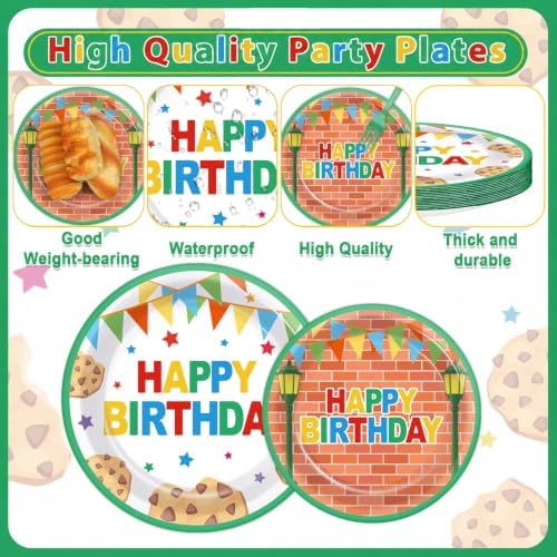 96Pcs Red Brick Wall Street Paper Plates and Napkins Street Theme Birthday Party Supplies Cookie Cartoon Friends Disposable Dinnerware Tableware Set for Kid Baby Shower Table Party Decoration Serve 24 - Image 3