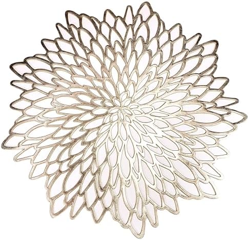 Snowkingdom 6 Pack Gold Placemats Metallic Pressed Vinyl Round Leaf Plastic Dinning Table Place Mats Fancy Decorative for Wedding Christmas Thanksgiving Holiday Spring Outdoor by Snowkingdom
