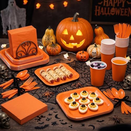 Vyntra 350 Pcs Orange Square Paper Plates and Napkins Set, Serves 50 - Image 4