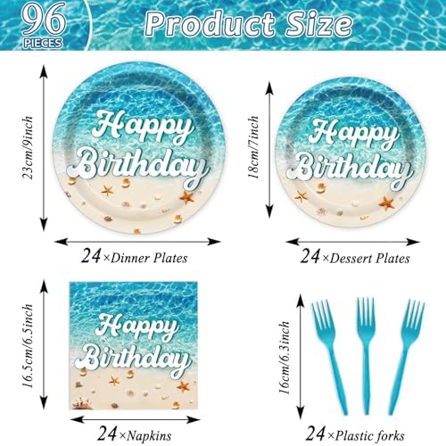 CHUNNIN 96Pcs Beach Happy Birthday Plates and Napkins Ocean Waves Ocean Seashell Party Decorations Beach Themed Party Dessert Plates Summer Pool Tableware for 24 Guests Hawaiian Supplies - Image 2