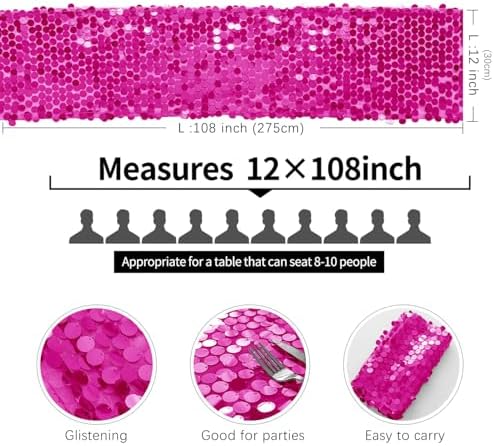 Pufogu 12 "x 108" Fuchsia Premium Big Payette Sequin Overlay Linens mesh Table Runner, Rectangle Glitter Table Runner for Wedding Party, Birthday Party, Banquet Decor (3 Pack). - Image 3