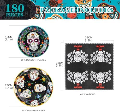 180Pcs Day of the Dead Party Supplies Paper Plates and Napkins Serve 60 - Image 2