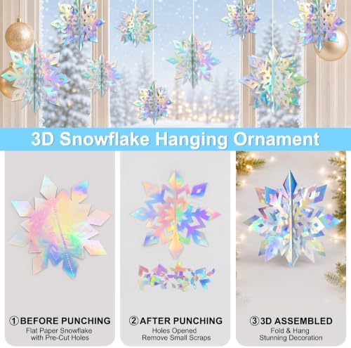 Paper Christmas Snowflake Hanging Decorations Indoor, Iridescent, 15Pcs - Image 5