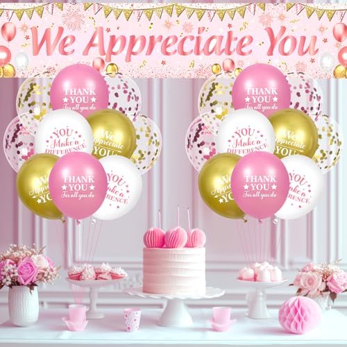 We Appreciate You Decorations Pink Gold Appreciate You Banner Yard Sign with 18 Pcs Balloons Thank You for All You Do Banner Employee Staff Appreciation Gifts Teacher Doctor Appreciation Party Decor - Image 2
