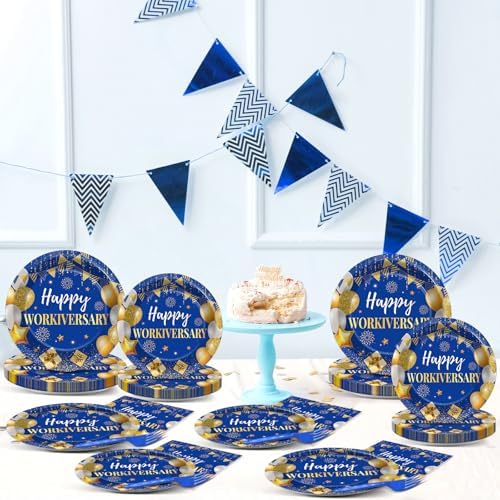 Justforjoyful 96Pcs Happy Work Anniversary Party Supplies Blue Gold Happy Workiversary Tableware Dinnerware Set Worker Appreciation Plates Napkins Decorations for Women Men Office Employee Worker - Image 5