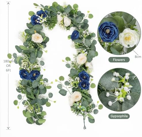 TOCHGREEN 2 Pack Artificial Eucalyptus Flower Garland with White Blue Roses - Image 3