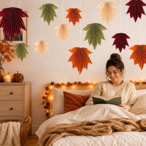 Whaline 12 Pcs Fall Party Fan Decorations Maple Leaves Hanging Paper Fans Autumn Color Hanging Ornament for Thanksgiving Birthday Baby Shower Holiday Party Supplies - Image 7