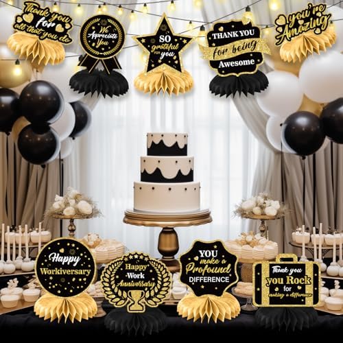 9Pcs Happy Work Anniversary Decorations Black Gold Happy Workiversary Table Honeycomb Centerpieces Office Anniversary Party Table Topper Decor for Employee Worker Anniversary Appreciation Supplies - Image 4