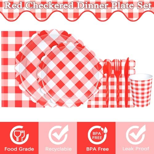 WNINK 176 PCS Red Gingham Plates and Napkins, Red Checkered Disposable Plates Set with Napkins Cups Plastic Spoons Forks Knives for Dinner Birthday Baby Shower Wedding Supplies Serve 25 Guests - Image 2