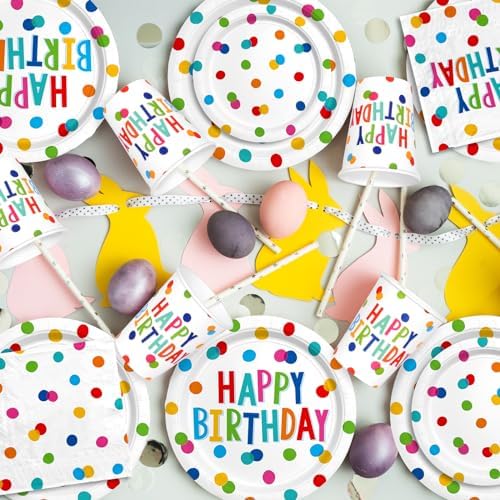Happy Birthday Decorations: Happy Birthday Party Supplies Set with Birthday Dots Design- Includes Disposable Paper Birthday Plates and Napkins, Cups, Tablecloth, and Banner for decorations, Serves 25. - Image 3