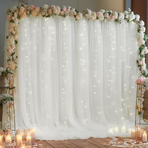 20ft x 10ft White Backdrop Curtain with Lights String for Parties, Sheer Tulle Wedding Photo Backdrops Drapes for Baby Shower Birthday Party Decorations Background for Photography - Image 6