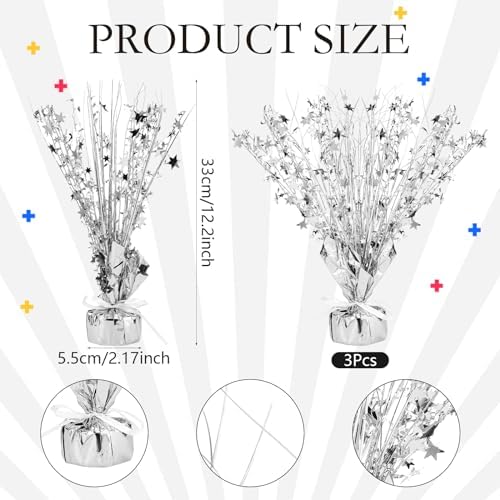 Crowye 3 Pieces Metallic Foil Spray Centerpiece Birthday Table Decoration Star Burst Centerpieces Graduation Table Decor for Birthday 2026 Party Holiday(Silver) - Image 3