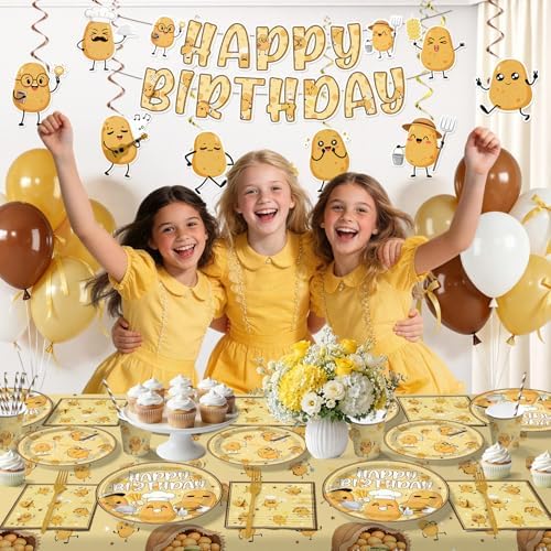 Potato Party Decorations Serves 25, 213Pcs Cute Cartoon Potato Plates, Banner, Cups, Cake Topper, Cupcake Topper, Disposable Table Cloth, Paper Material - Image 6