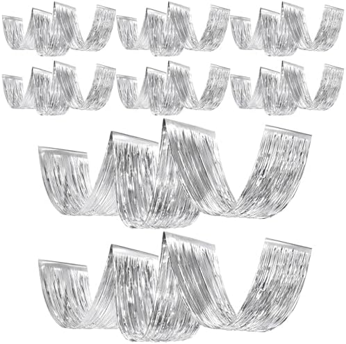 Breling 8 Pcs Silver Ceiling Fringe Curtains, Metallic Foil Drapes, 15 ft by Breling
