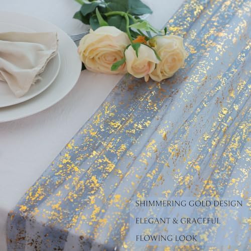 10Pcs Dusty Blue Gold Table Runner Metallic Foil Shimmer Sheer Gauze 10ft - Image 3