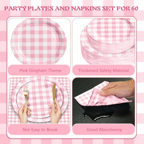 180Pcs Pink Gingham Party Supplies Paper Plates and Napkins Serve 60 - Image 3