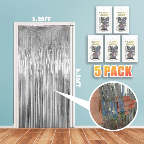 5 Pack 3.28ft x 6.56ft Glitter Silver Tinsel Foil Fringe Curtains, Photo Booth Backdrop Party Decorations for Birthday Wedding Engagement Baby Shower Graduation Bachelorette New Years - Image 2