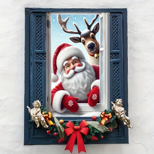 BlissYard Christmas Santa Claus and Reindeer Window Cover Deer Santa Claus Backdrop Photography Background Decoration Xmas Curtain Hanging Banner Holidays Christmas New Year Party Decoration by BlissYard