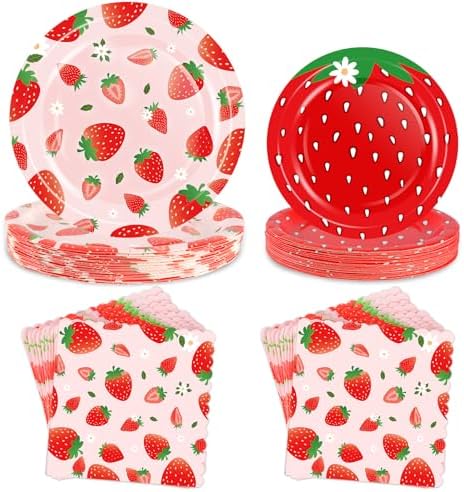 Strawberry Paper Plates and Napkins Set, Strawberry Birthday Decor, 50 Set by OuMuaMua