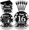 Grencian 96 Pcs Silver Black 16th Birthday Party Decorations, Serves 24 by Grencian