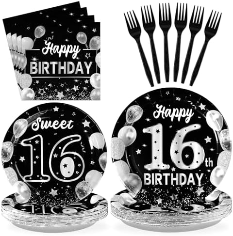 Grencian 96 Pcs Silver Black 16th Birthday Party Decorations, Serves 24 by Grencian