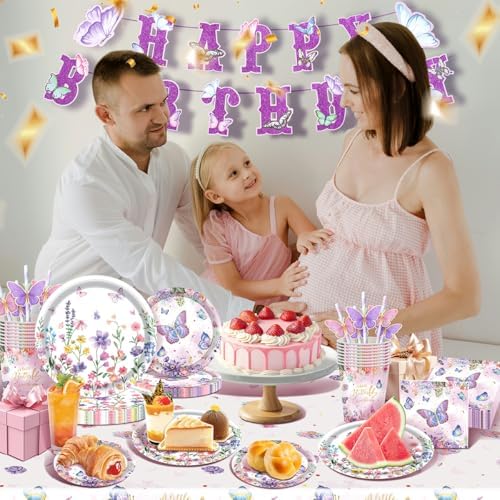 146Pcs Wildflower & Butterfly Plates and Napkins Floral Party Supplies Includes Plates, Napkin, Fork, Cup, Straw, Tablecloth, Banner for Baby Shower Birthday Party Decorations, Serves 24 - Image 2
