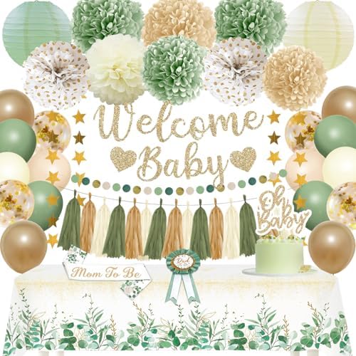 Sage Green Baby Shower Decorations Gender Neutral Baby Shower Decorations Welcome Baby Banner Sage Green Balloons Paper Lanterns Pom Poms Flowers Tablecloth Tassels Mom to Be Sash Dad to Be Pin by Unknown