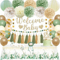 Sage Green Baby Shower Decorations Gender Neutral Baby Shower Decorations Welcome Baby Banner Sage Green Balloons Paper Lanterns Pom Poms Flowers Tablecloth Tassels Mom to Be Sash Dad to Be Pin by Unknown