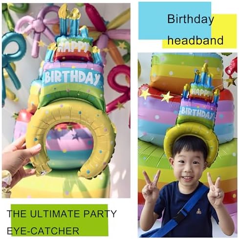 Rainbow Birthday Decoration Set 10Pcs - Giant 47" Inflated Standing Cake Foil Balloon No Helium Required, Hanging Ceiling Firework & DIY Bow Balloons, Star Banner, Hat Headband for Kids Party - Image 5
