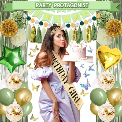 Guudmua 222 Pcs Sage Green Happy Birthday Decorations, Birthday Decorations for Women or Girl Kit- Disposable Dinnerware Set with 25 Guest, Balloons, Sash, Tiara, Banner, Paper Pom Poms - Image 5