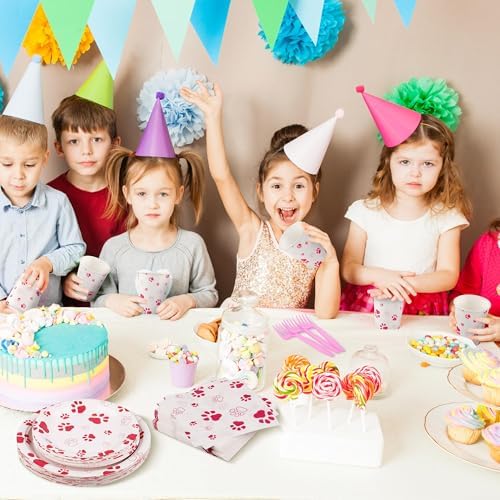 Kochorie 144 Pieces Pink Paw Print Party Tableware Sets Including Disposable Plates Napkins Cups Forks Serves 24 for Dog Puppy Theme Party Supplies - Image 6