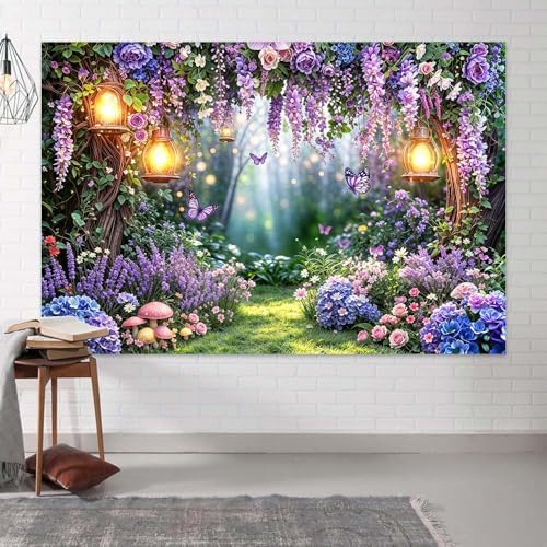 Spring Enchanted Forest Backdrop, Fairy Tale Wonderland Garden Backdrops for Photography, Purple Flower Mushroom Butterfly Woodland Fairy Tea Party Decorations Photo Booth Studio Props 7X5FT - Image 3